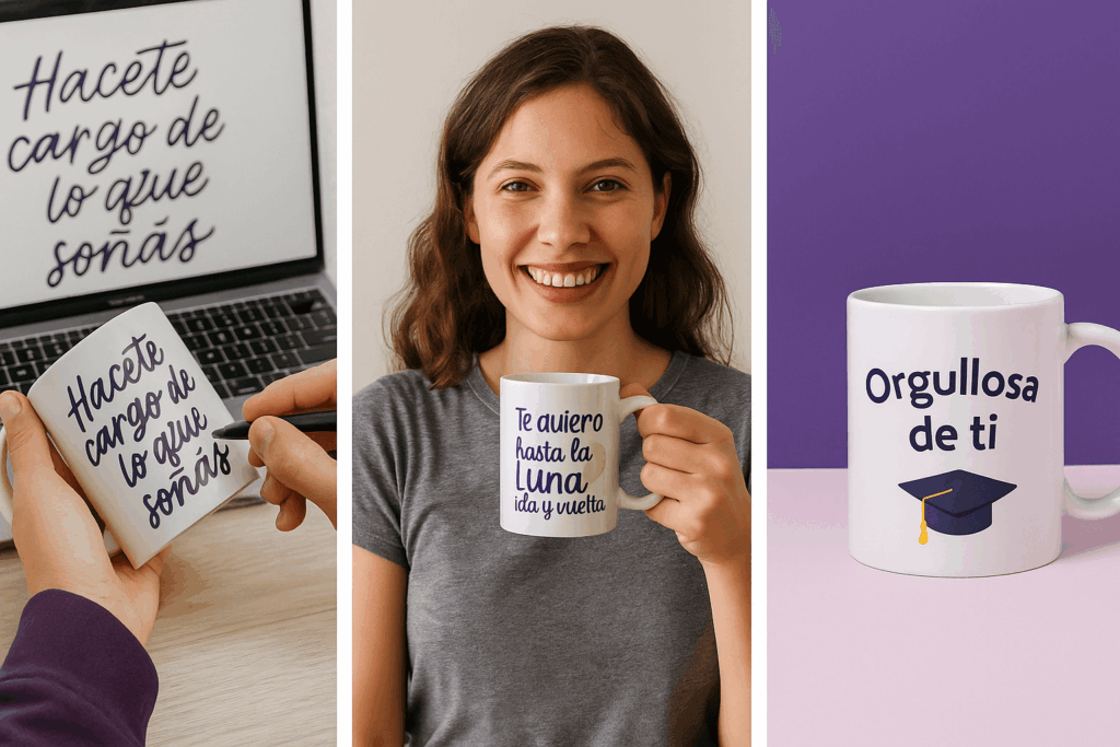 Cliente feliz con taza personalizada Dinamiqo, diseño chapín con frase y dibujo de elefantito.